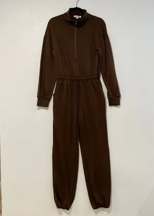 Francesca’s Small Brown Half Zip Jumpsuit Jogger Lounge Utility Romper thumbnail 2