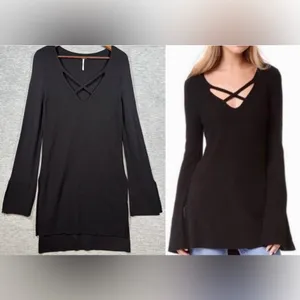 Free People Womens V-Neck Black Long Sleeve Sweater Tunic Dress M‎ thumbnail 2