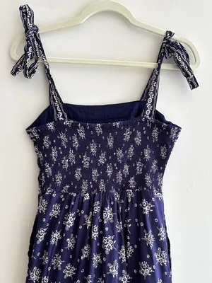 Patrons of Peace Floral Ribbon Tie Smocked Back Midi Dress, Blue, Size Small thumbnail 11