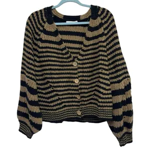 Lush Clothing Striped Cropped Cardigan Large Chunky Knit Tan Black‎ Button Boho Cozy thumbnail 1