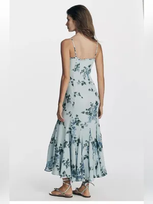 Reformation Lilibet ruffle hem midi dress in blue floral Fresh Air print NEW thumbnail 6