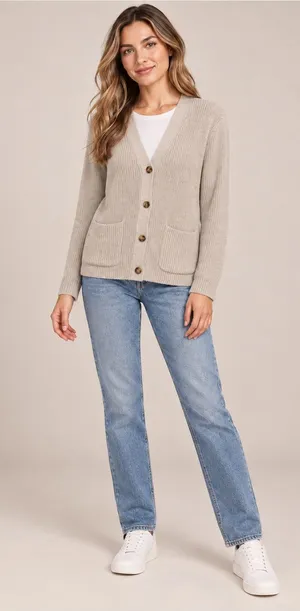Lands End Drifter Womens L Petite 14-16 Beige Cotton V Neck Cardigan thumbnail 1