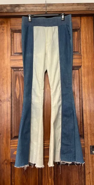 Two Tone Colorblock Flare Jeans Raw Hem Boho Medium thumbnail 1