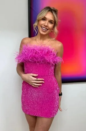 NWT Retroféte Torin Sequin Bandeau Ostrich-trim Mini Dress In Pink. Size Large thumbnail 2