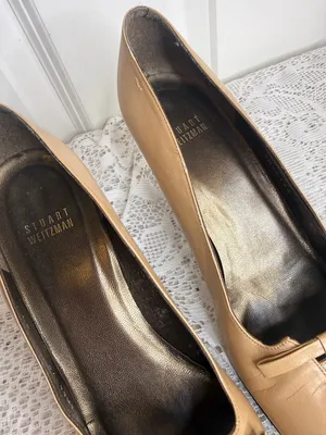 Stuart Weitzman tan leather detailed toe slip on heels bow embellishment sz 8.5 thumbnail 4