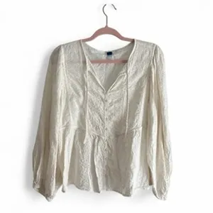 Old Navy Cream Embroidered Tie-Neck Blouse Balloon Sleeve Women’s Size L Peplum thumbnail 4
