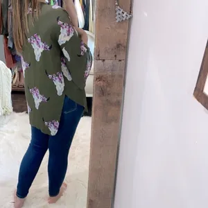 PEACH Love green Texas longhorn floral print kimono size small thumbnail 8
