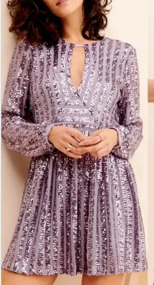 Anthropologie Open Back Long Sleeve Sequin Mini Dress Lilac Purple 4 thumbnail 1