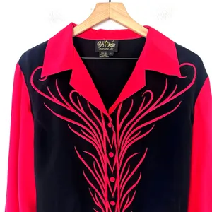 Vintage Bob Mackie 100% Silk Blouse Black Red Western Embroidered Flames 90s L thumbnail 2