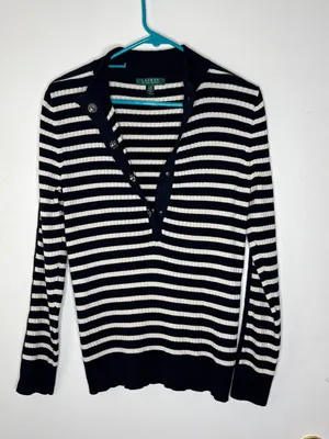 Ralph Lauren Black White Striped Button Mock Neck Ribbed Pullover Size L Cotton thumbnail 1