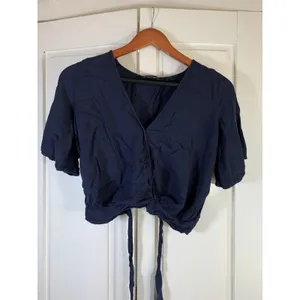 Brandy Melville Faux Wrap Blouse Navy Blue Tie Back Concert Festival Cute Top‎ thumbnail 2