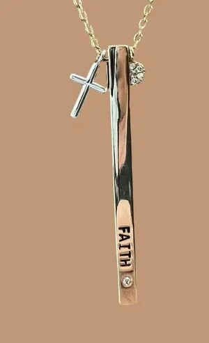 New Directions Gold Tone Necklace Faith Bar Silver Tone Cross Rhinestone 21" NWO thumbnail 2