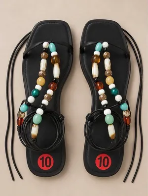 NWT Zara Beaded Lace-Up Gladiator Sandals Size 10 thumbnail 1