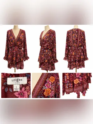 Umgee Floral Boho Mini Dress Size L Burgundy Pink Long Sleeve Ruffle Hem thumbnail 5