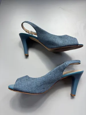 Queue Blue Woven Tweed Slingback Peep Toe Heels Women’s Size 9 Kitten Heel Pumps thumbnail 10
