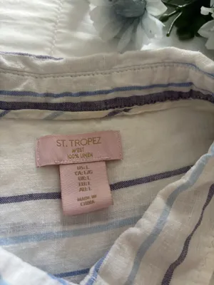 St Tropez West Womens L 100% Linen Striped Tunic Shirt Blue White Beach Vacation thumbnail 3