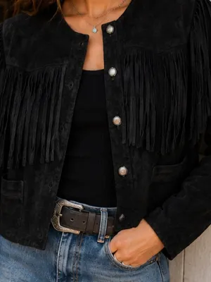 Vintage Black Suede Fringe Leather Cropped Western Boho Style Jacket Size: M thumbnail 3