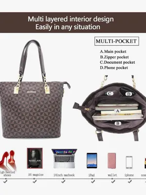 Women's Fashion 5-Piece Brown Plaid Satchel Handbag Set AT6 thumbnail 5