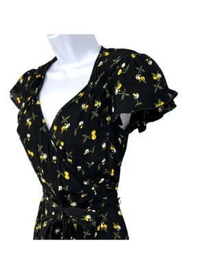 Dollz & Dames Cherry Sweetheart Wrap Dress Black Yellow Size XS Retro Pin-up thumbnail 4