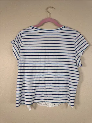 Maeve White Blue Striped Crochet Crop Blouse Womens L Casual Girly Coquette thumbnail 2