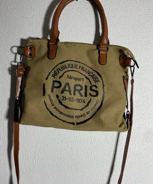 Paris Stamp Canvas Satchel Handbag - Khaki and Brown thumbnail 1