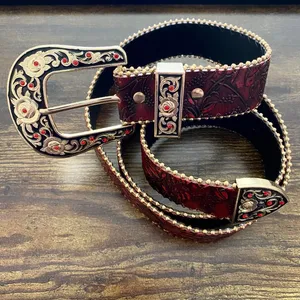 Red Floral Embossed Rose Buckle Western Y2K Belt, Fits 32.5-41 Inches, X7GA1290 thumbnail 6