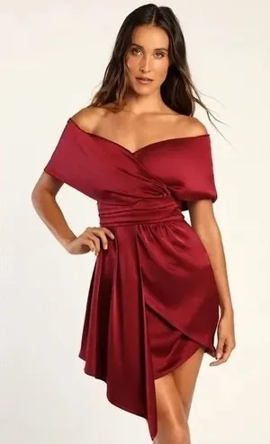 Lulus Always Celebrating Burgundy Satin Off-The-Shoulder Mini Dress Size M thumbnail 1