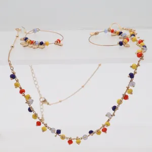 Boho Gold Tone Multi Color Seed Bead Necklace and Hoop Earring Jewelry Set thumbnail 2