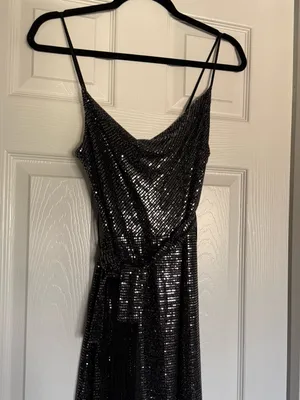 NWT Zara Silver Sequin Midi Dress With Fringed Belt and Side Slit thumbnail 7