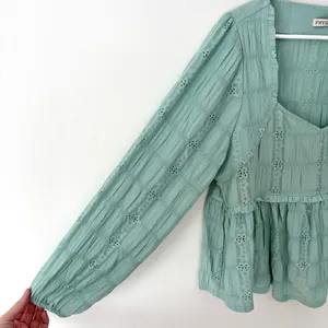 Frye & Co. Green Teal Eyelet Peplum Blouse Lace Floral Western Boho Flowy thumbnail 8