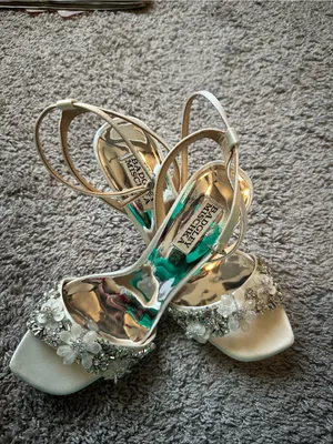 Badgley Mischka Ivory Satin Crystal Floral Open-Toe Heels thumbnail 2