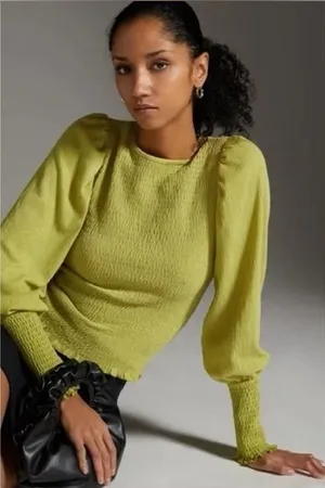 Anthropologie Smocked Long Sleeve Puff Sleeves Green Ruched Top‎ Size xs thumbnail 1