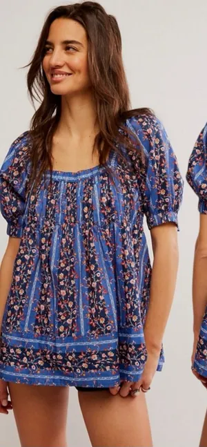 Free People Retro 70s Bohemian Vintage Lover Blouse Dutch Blue Combo Medium thumbnail 1