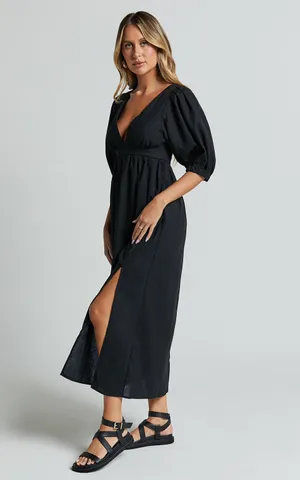 New Showpo Eidie Midi Dress Linen Puff Sleeve Dress Size Small MSRP $89 thumbnail 4