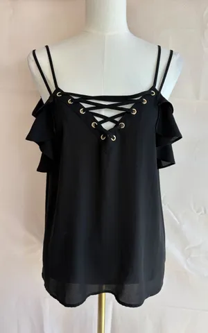 Express Women's Black Ruffle Sleeve Lace-Up Front Camisole Top, Size Medium thumbnail 1
