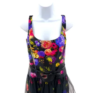 Milly Natalie Floral Cocktail‎ Dress Black Multi Tulle Skirt Bow Belt 10 NEW thumbnail 4