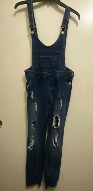 I&M Jeans Womens Dark Blue Wash Denim Overalls Pants S Small 29” Distressed thumbnail 1