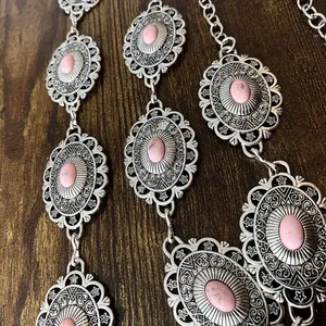 Silver Y2K Smudged Pink Stone Western Chain Belt, Fits 28-38 Inches, X7GA1379 thumbnail 7