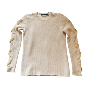 Lauren Ralph Lauren Sweater Womens Size S Ivory Rib Knit Ribbon Sleeve Cotton thumbnail 2