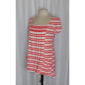 Anthropologie MEADOW RUE Marin Striped Top Smocked Knit Red White Medium thumbnail 6
