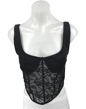 Lulus Black Floral Lace Sleeveless Corset Bustier Cami Camisole Tank Crop Top M thumbnail 1