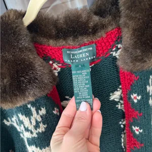 Vintage Ralph Lauren Hand Knit Wool Fur Collar Reindeer Christmas Sweater zipup thumbnail 4