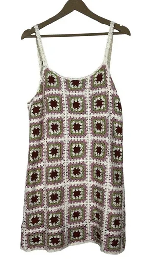 Pink Lily Crochet Granny Square Patchwork Mini Dress Green Brown Boho Size L thumbnail 1