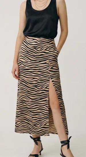 Le Lis Satin Zebra Print Slit Maxi slip Skirt Black Tan Date night Office Siren thumbnail 1