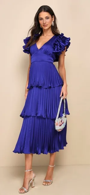 Lulus Stunning Desire Cobalt Blue Satin Pleated Tiered Midi Dress Wedding Medium thumbnail 1