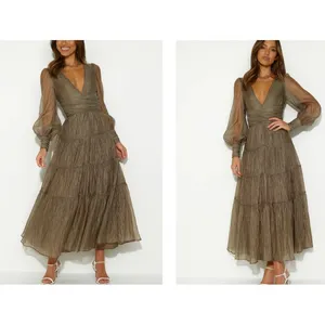 Sheer‎ Crinkle Tiered Maxi Dress Women's S Khaki Ethereal Romantic Coquette Chic thumbnail 2