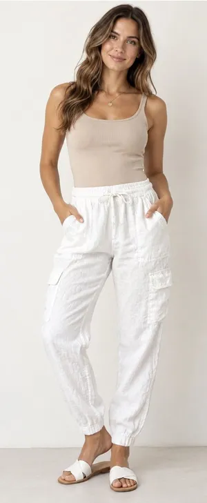 Magaschoni White 100% Linen Cargo Jogger Pants Size S Drawstring thumbnail 1