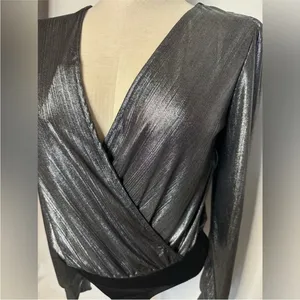 NWT Good Luck Gem Silver Metallic Puffy Long Sleeve Open Back Blouse Bodysuit S thumbnail 1