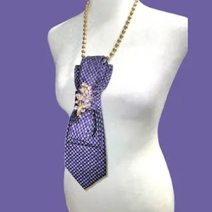 “Dainty Dapper”Purple and lavender Patterned Tie Necklace with brooch Purple thumbnail 4