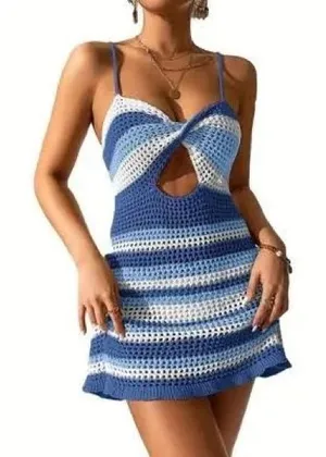 Blue and White Crochet Mini Dress thumbnail 1